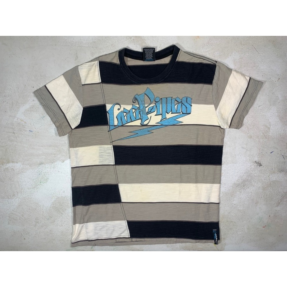 Vintage Lee Pipes Mens Graphic T Shirt Sz M Striped Patchwork Skater Grunge Y2K